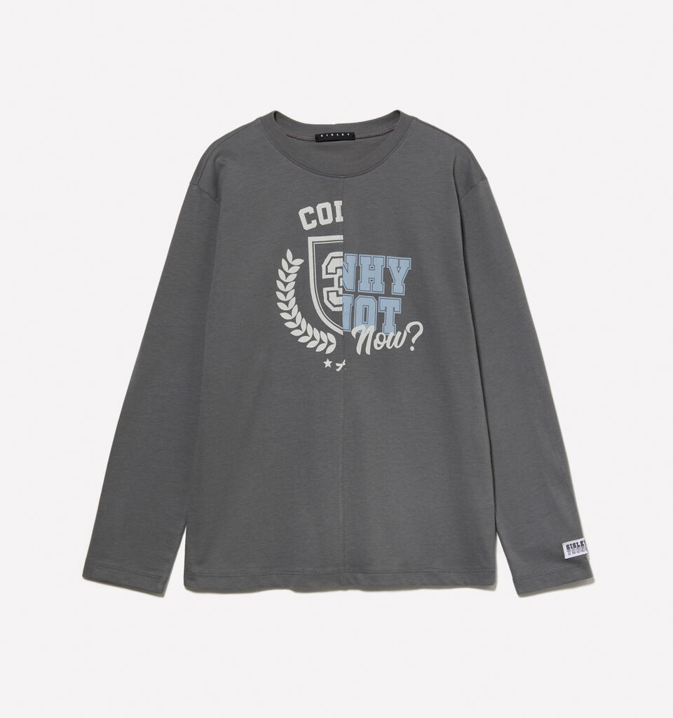 Gray color block t-shirt with print - boys' long sleeve t-shirts - Dark Gray | Sisley Young image number 1